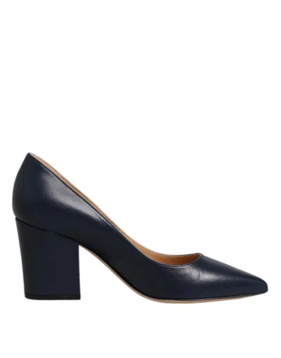 Pre-owned Sergio Rossi Leather Pointed Toe Block Heels Women's Shoes () In Blue