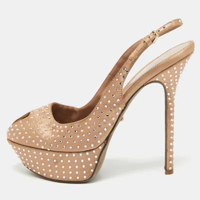 Sergio Rossi Light Brown Crystal Embellished Satin Peep Toe Platform Slingback Pumps In Neutral