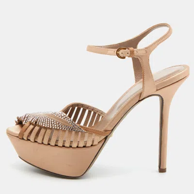 Pre-owned Sergio Rossi Light Brown Satin Crystal Embellished Ankle Strap Sandals Size 35.5