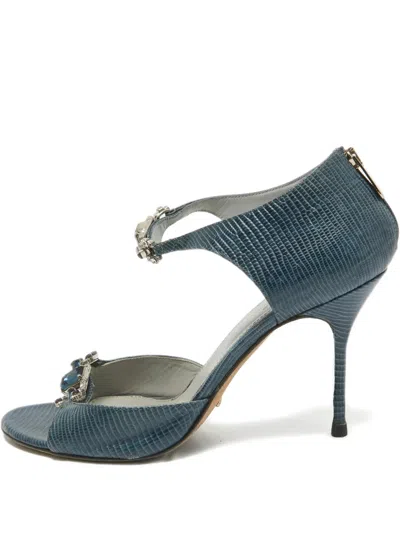 Pre-owned Sergio Rossi Lizard-embossed Crystal Sandals In Blue