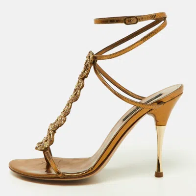 Pre-owned Sergio Rossi Louis Vuitton Metallic Gold Leather Crystal Embellished Ankle Strap Sandals Size 37.5 In Brown