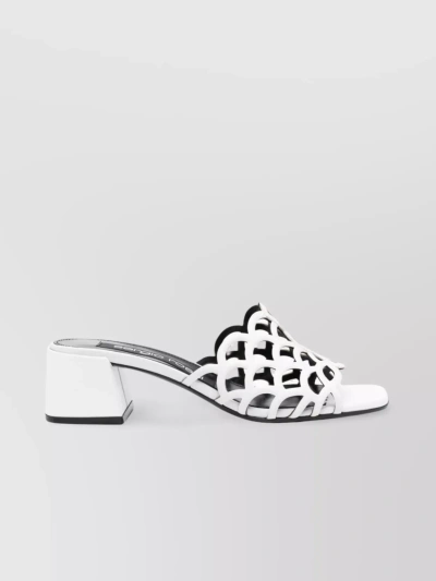 Sergio Rossi Low Block Heel Mules With Openwork Detail In White
