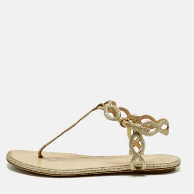 Pre-owned Sergio Rossi Mermaid Size 37 Metallic Gold Glitter Thong Flats