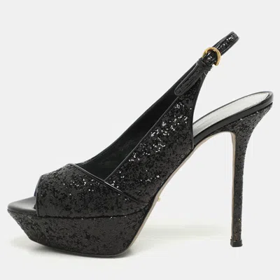 Sergio Rossi Metallic Black Glitter Slingback Platform Sandals