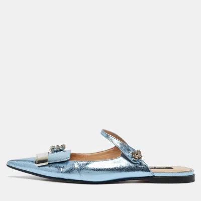 Sergio Rossi Metallic Blue Textured Leather Flower Detail Flat Mules