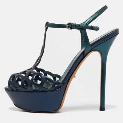 Sergio Rossi Metallic Blue/green Cut Out Leather Platform Sandals