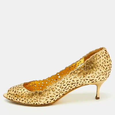 Pre-owned Sergio Rossi Metallic Gold Laser Cut Leather Open Toe Pumps Size 38.5