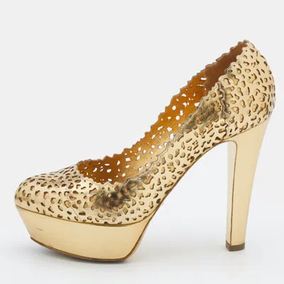 Sergio Rossi Metallic Gold Laser Cut Leather Platform Pumps