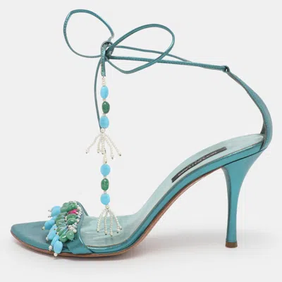 Pre-owned Sergio Rossi Metallic Green Leather Stone Embellished Ankle Strap Sandals Size 38.5 In Silver