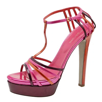 Sergio Rossi Multicolor Patent Leather T-strap Platform Sandals
