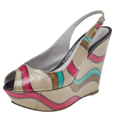 Sergio Rossi Multicolor Stitch Leather Platform Slingback Wedge Sandals