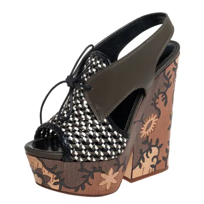 Sergio Rossi Multicolor Woven Leather And Leather Wedge Lace Up Sandals In Black