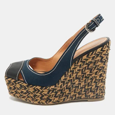 Pre-owned Sergio Rossi Navy Blue/black Canvas And Leather Wedge Sandals Size 37
