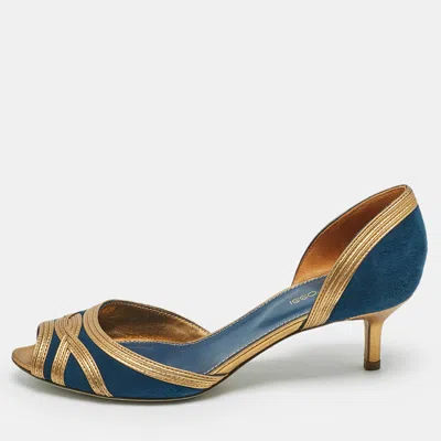 Pre-owned Sergio Rossi Navy Blue/gold Leather And Suede Peep Toe Pumps Size 37.5