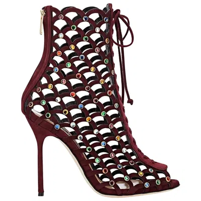 Pre-owned Sergio Rossi New  Multicolor Crystal-embellished Suede Ankle Boots Booties 39.5 In Black