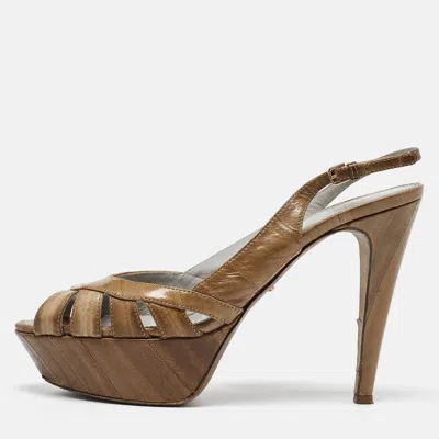 Pre-owned Sergio Rossi Olive Green Eel Leather Peep Toe Slingback Sandals Size 37.5