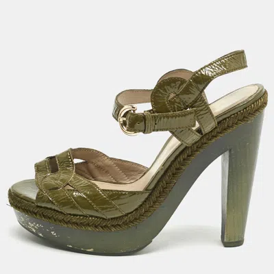 Sergio Rossi Olive Green Patent Leather Platform Ankle Strap Sandals
