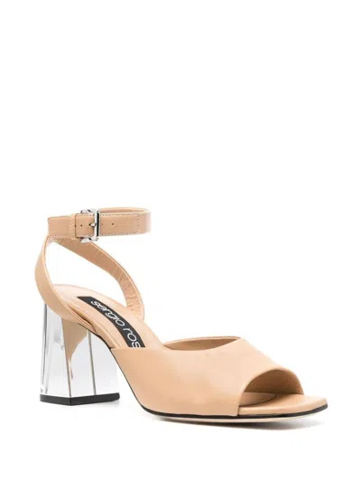 SERGIO ROSSI OPEN-TOE SANDALS WITH MID-HEIGHT METALLIC BLOCK HEEL