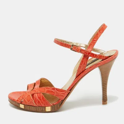Pre-owned Sergio Rossi Orange Croc Embossed Leather Ankle Strap Sandals Size 40.5
