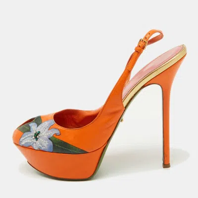 Sergio Rossi Orange Leather Floral Print Peep Toe Platform Slingback Sandals In Multi