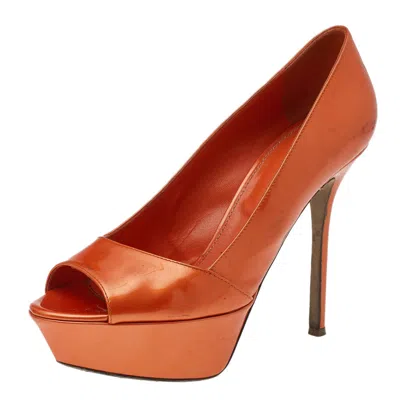Sergio Rossi Orange Patent Leather Peep Toe Platform Pumps