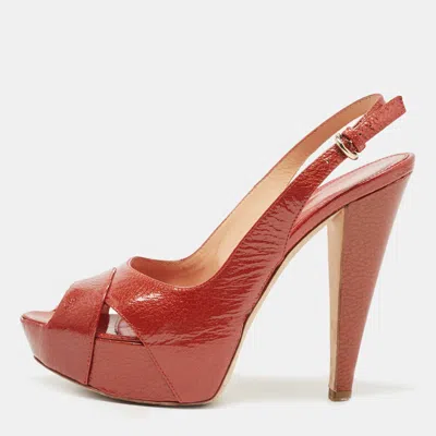 Sergio Rossi Orange Patent Leather Peep Toe Platform Slingback Sandals In Red