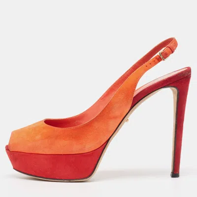 Pre-owned Sergio Rossi Orange Suede Peep Toe Slingback Pumps Size 37.5