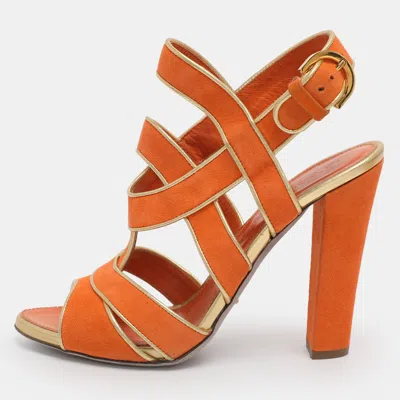 Pre-owned Sergio Rossi Orange Suede Strappy Slingback Sandals Size 38