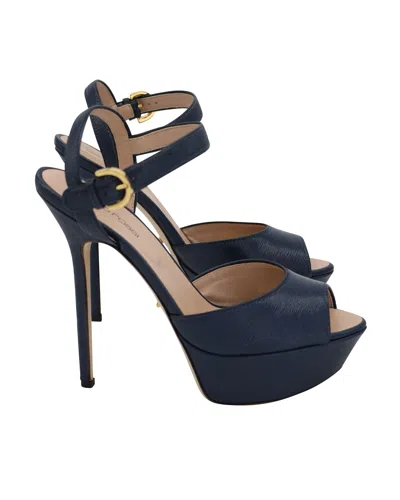 Sergio Rossi Peep-toe Platform Sandals In Navy Blue Patent Calf Leather