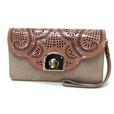 Pre-owned Sergio Rossi Pink Beige Suede Patent Leather Clutch Bag Handbag ()