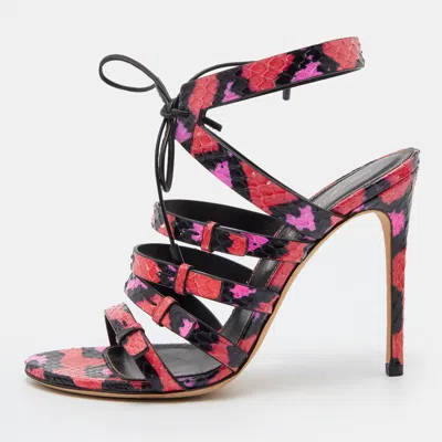 Pre-owned Sergio Rossi Pink/black Python Leather Ankle Tie Up Strappy Sandals Size 36