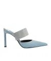 Sergio Rossi Stiletto Heel Denim Mules With Rhinestone Strap In Gray