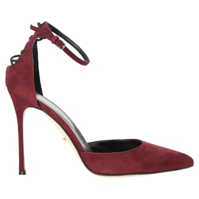 Sergio Rossi Pointed Toe Ankle Strap Pumps In Burgundy Suede In Red