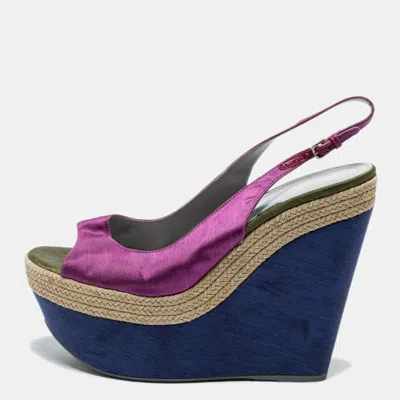 Sergio Rossi Purple Fabric Open Toe Wedge Platform Slingback Sandals In Multi