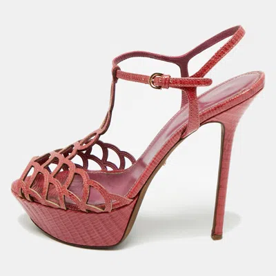 Pre-owned Sergio Rossi Purple Lizard Embossed Leather Cut-out Platform Ankle Strap Sandals Size 39.5