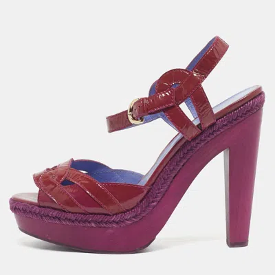 Sergio Rossi Pink Patent Leather Wooden Platform Ankle Strap Sandals In Purple