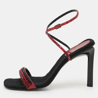 Pre-owned Sergio Rossi Red Leather And Python Ankle Strap Sandals Size 40