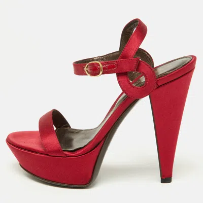 Pre-owned Sergio Rossi Red Satin Ankle Strap Sandals Size 34.5