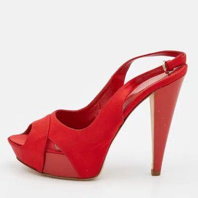 Sergio Rossi Red Satin Open Toe Platform Slingback Sandals
