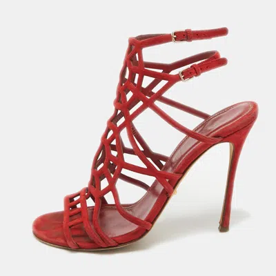 Sergio Rossi Red Suede Puzzle Caged Sandals In Multi