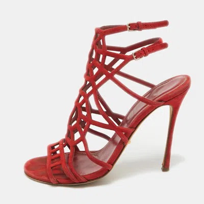Pre-owned Sergio Rossi Red Suede Puzzle Caged Sandals Size 37