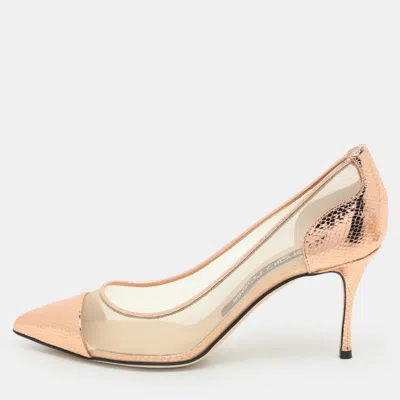 Pre-owned Sergio Rossi Rose Gold Mesh And Python Embossed Leather Pumps Size 37