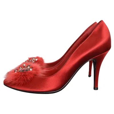 Pre-owned Sergio Rossi Ruby Red Jewel Tone Satin Mink Swarovski Hollywood Glam Court Heels