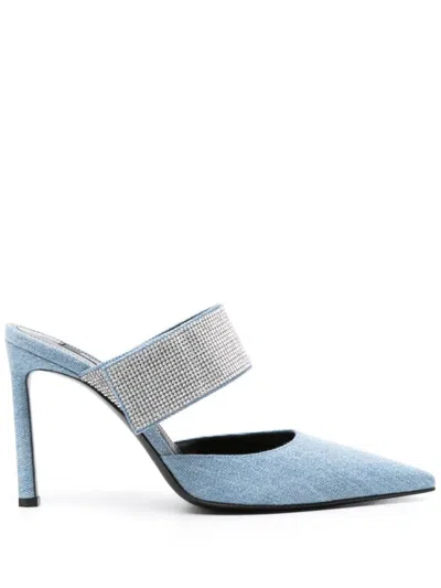 Sergio Rossi Sr Paris 100mm Denim Mules In Blue/crystal