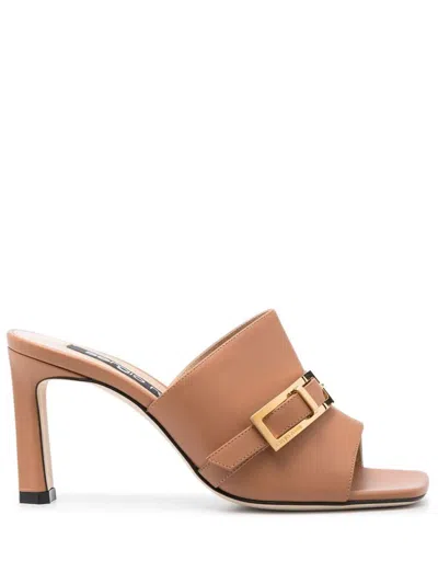 Sergio Rossi Heeled Leather Mules With Buckle Detail In Brown