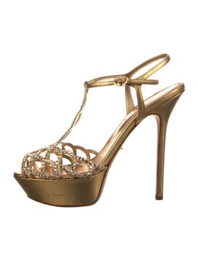 Pre-owned Sergio Rossi Satin Crystal Embellishments T-strap Pumps In Neutral