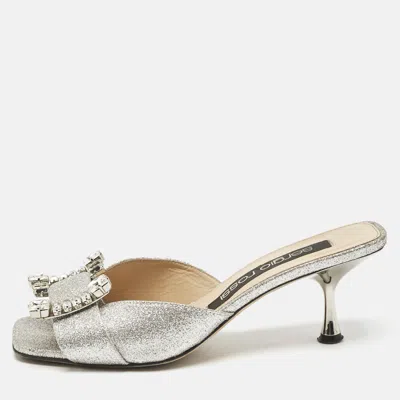 Pre-owned Sergio Rossi Silver Glitter Crystal Embellished Mules Size 38