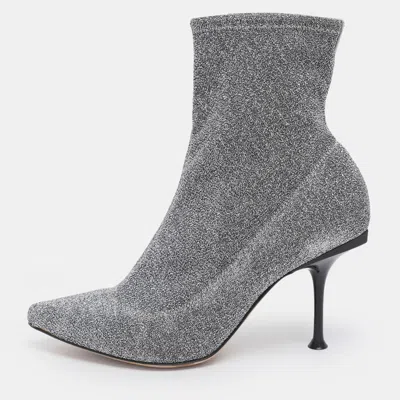 Pre-owned Sergio Rossi Silver Knit Fabric Sock Ankle Boots Size 36.5