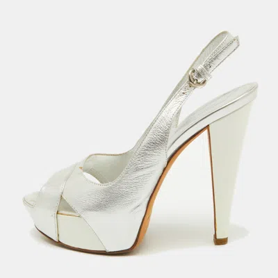 Sergio Rossi Silver Leather Slingback Platform Sandals In White