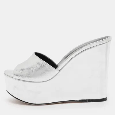 Pre-owned Sergio Rossi Silver Patent Leather Lakeesha Wedge Sandals Size 35